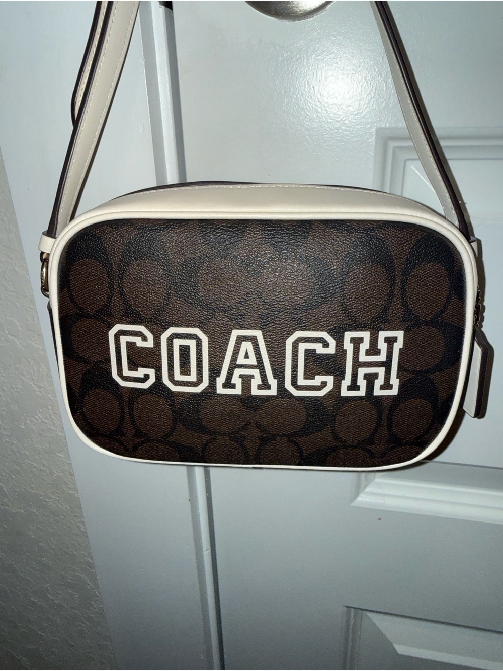 COACH Brown Signature Canvas Crossbody with Cream Trim and Logo